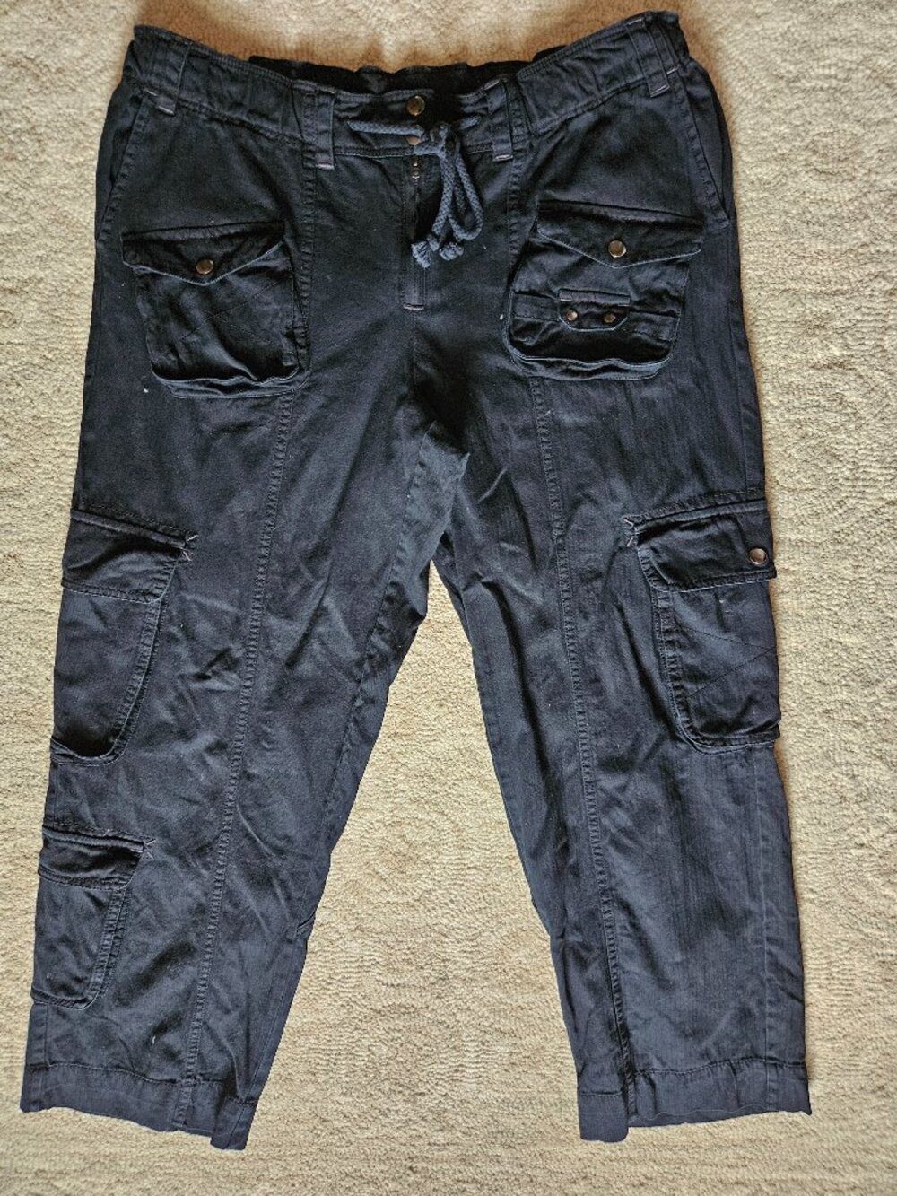 Free People Black Cargo Pants Large L Pockets Herringbone Cotton Relaxed